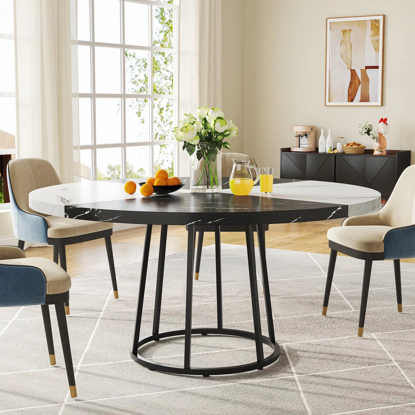 Mesa de comedor redonda Casper para 4 personas, mesa de cocina de 47" con base circular de metal