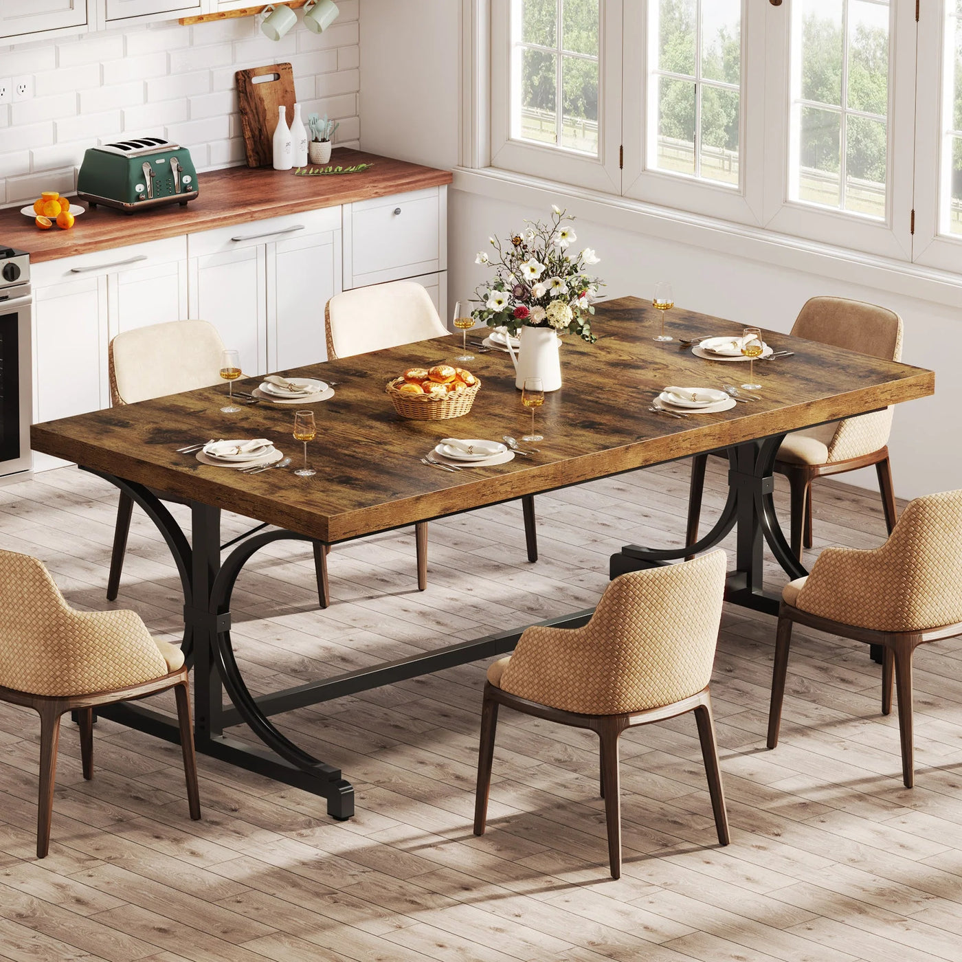 Mesa de comedor de madera Marett | Mesa de cocina rectangular resistente de 62,4" para cocina y sala de estar
