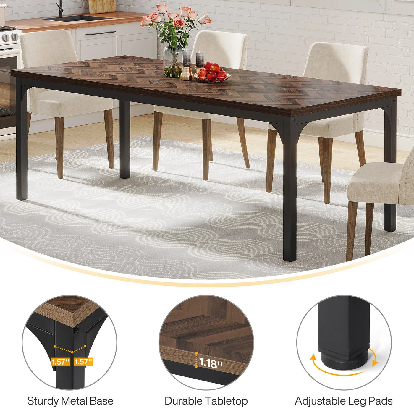 Mesa de comedor de madera Amour | Mesa de comedor de cocina rústica rectangular de 70,9" para 6-8 personas