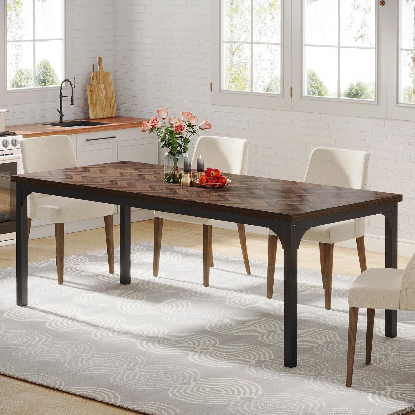 Amour Wood Dining Table | 70.9" Farmhouse Rectangular Rustic Kitchen Dinner Table for 6-8