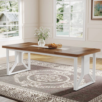 Mesa de comedor de madera Henly | Mesa de cocina estilo granja de 74,8 pulgadas, color marrón y blanco, para 6-8 personas