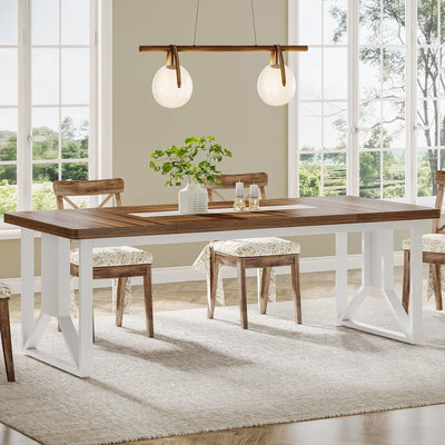 Henly Wood Dining Table | 74.8-Inch Brown White Farmhouse Kitchen Table for 6-8 People