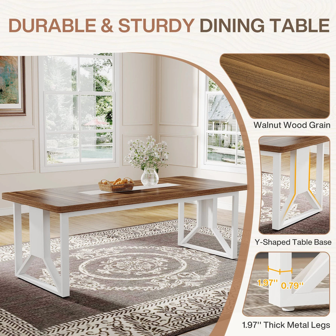 Mesa de comedor de madera Henly | Mesa de cocina estilo granja de 74,8 pulgadas, color marrón y blanco, para 6-8 personas